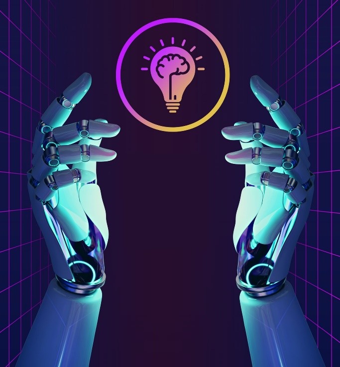A robot hand and an AI icon