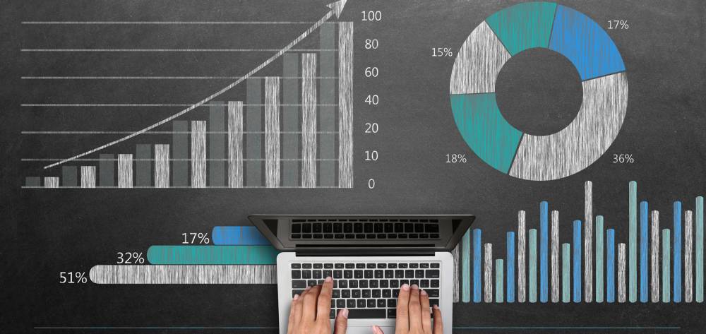 Hands typing on a laptop with charts behind it 