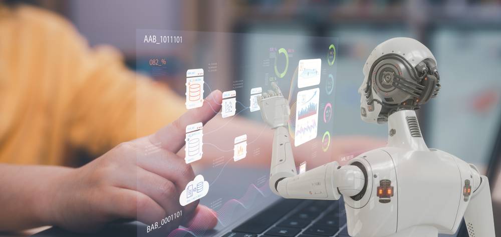 Robot and human touching a screen