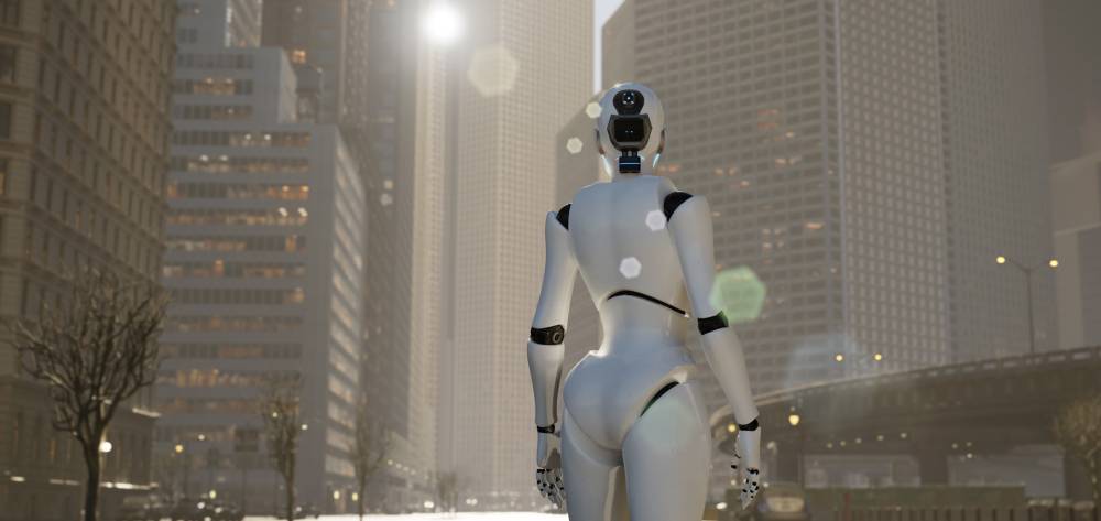 Digital image of a robot in a city