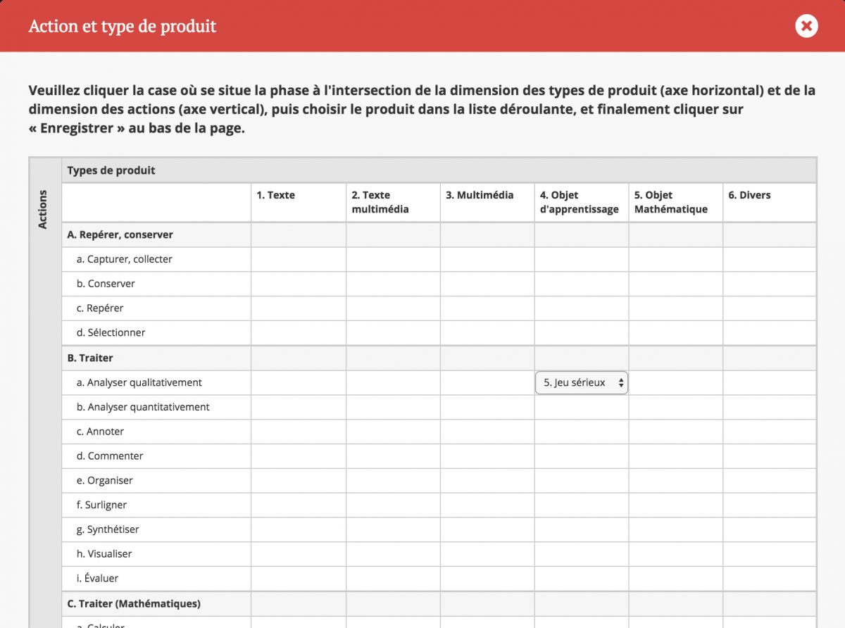 Figure 2: Using this matrix, the instructor chooses which media product best matches a particular learning activity: in this case, an educational game (jeu sérieux) was chosen by the instructor to support a qualitative analysis