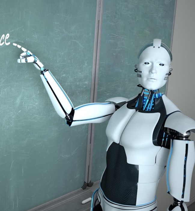 Robot pointing to a chalkboard