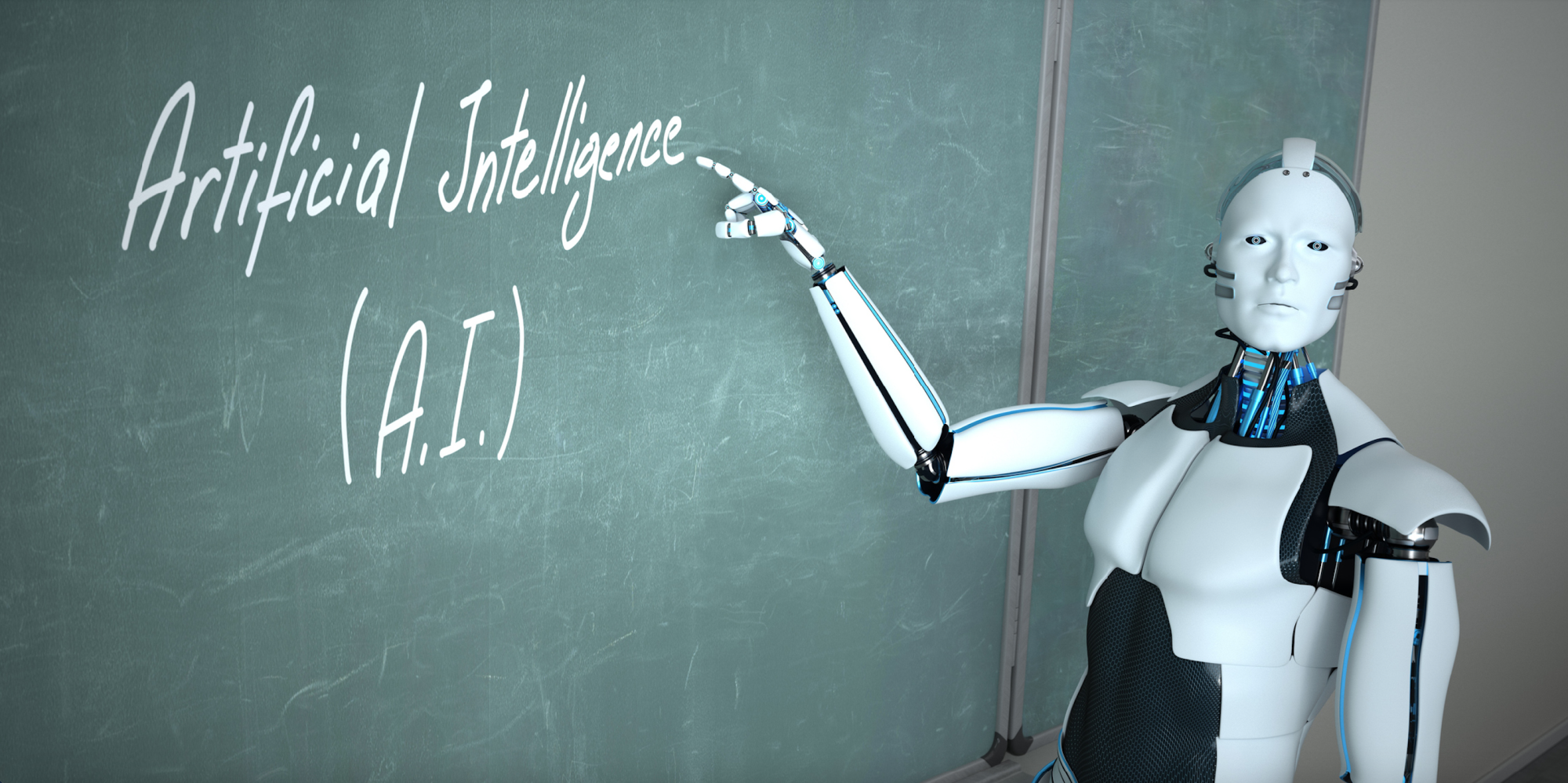 Robot pointing at blackboard