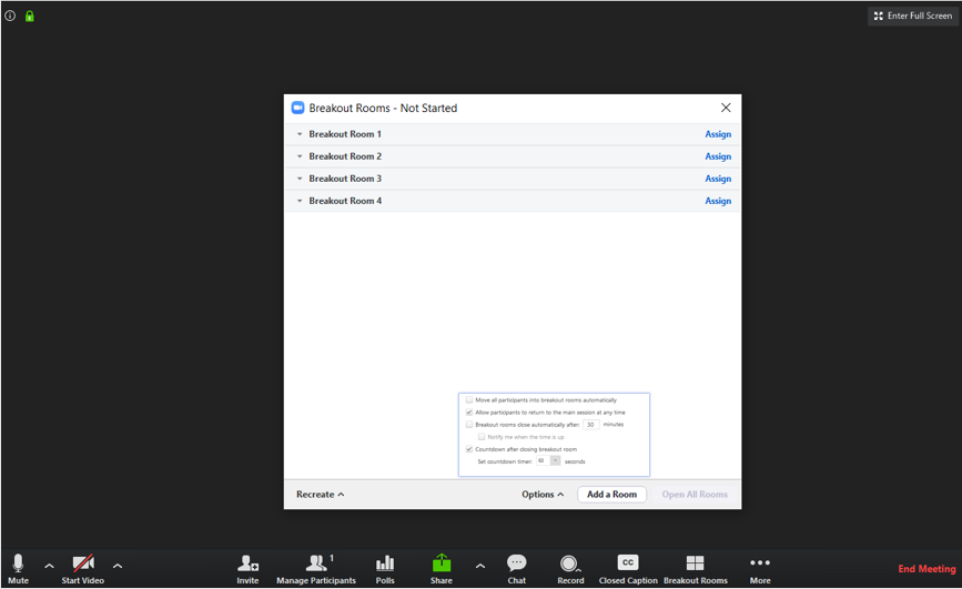 Screenshot showing breakout rooms and setup options