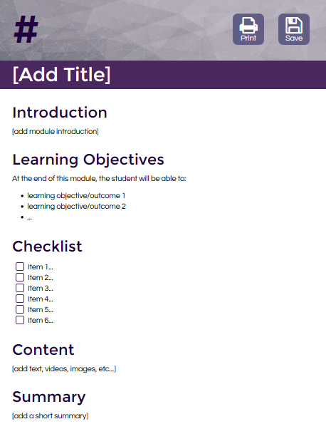 This HTML template from the Hybrid Learning Initiative guides instructors in the planning of a consistent and easy-to-follow structure for each course. Faculty are taught how to manipulate and create content within the HTML templates so they can maintain their courses after deployment
