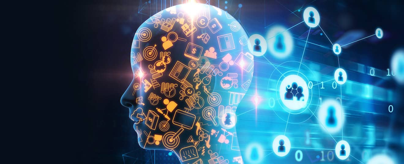 Image of a head with various technology icons