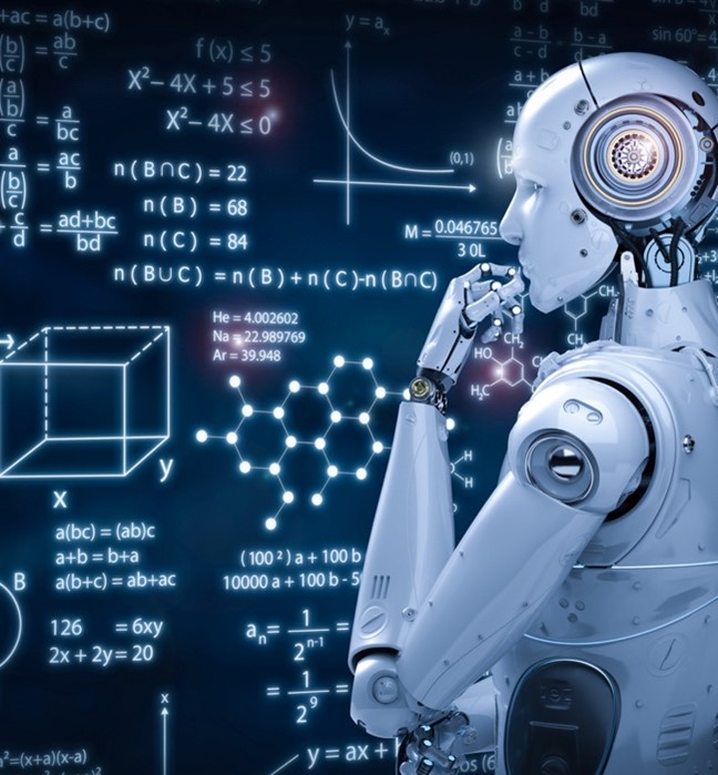 Robot examining a chalk board