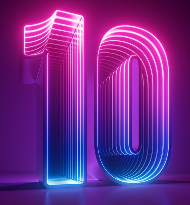 Number 10 in neon colours