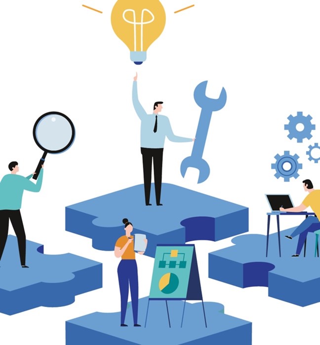 Illustration of people interacting with tools